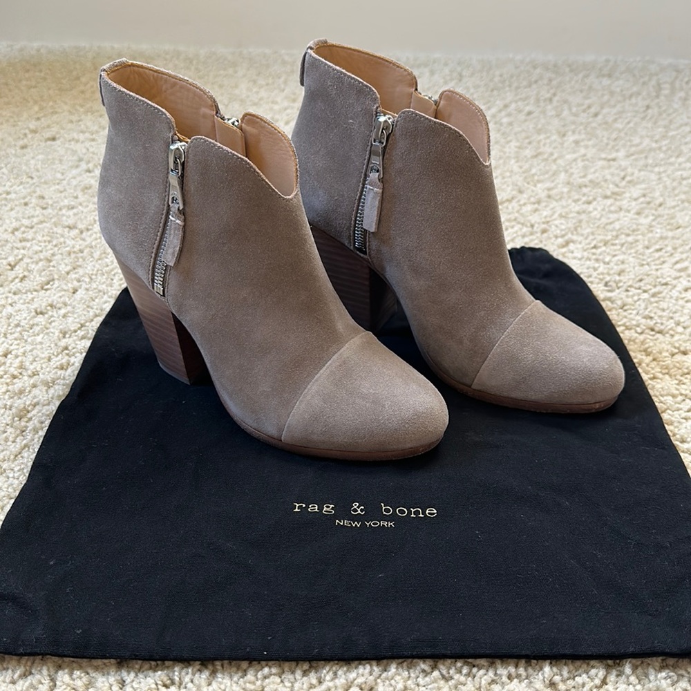 Rag and Bone Margot Warm Grey Suede Heeled Booties with Silver Hardware